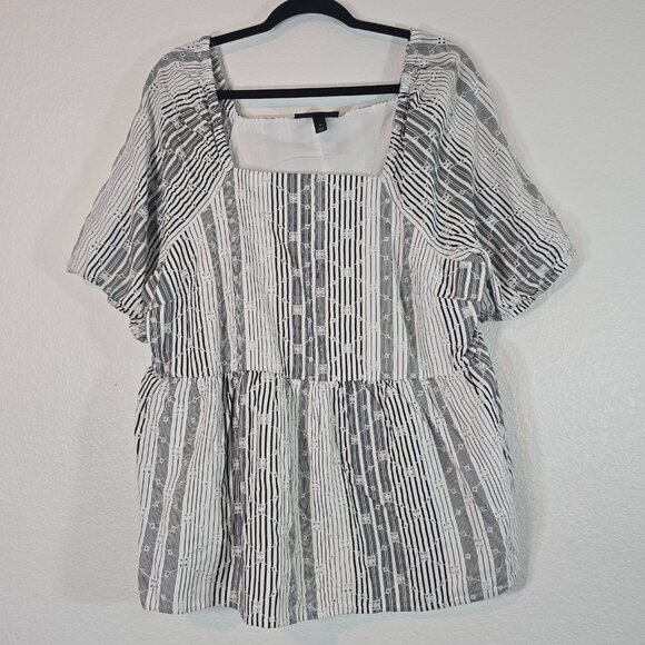 Lane Bryant Peasant Top Blouse Women Plus Size 14 White Short Sleeve Stripe - Picture 1 of 10